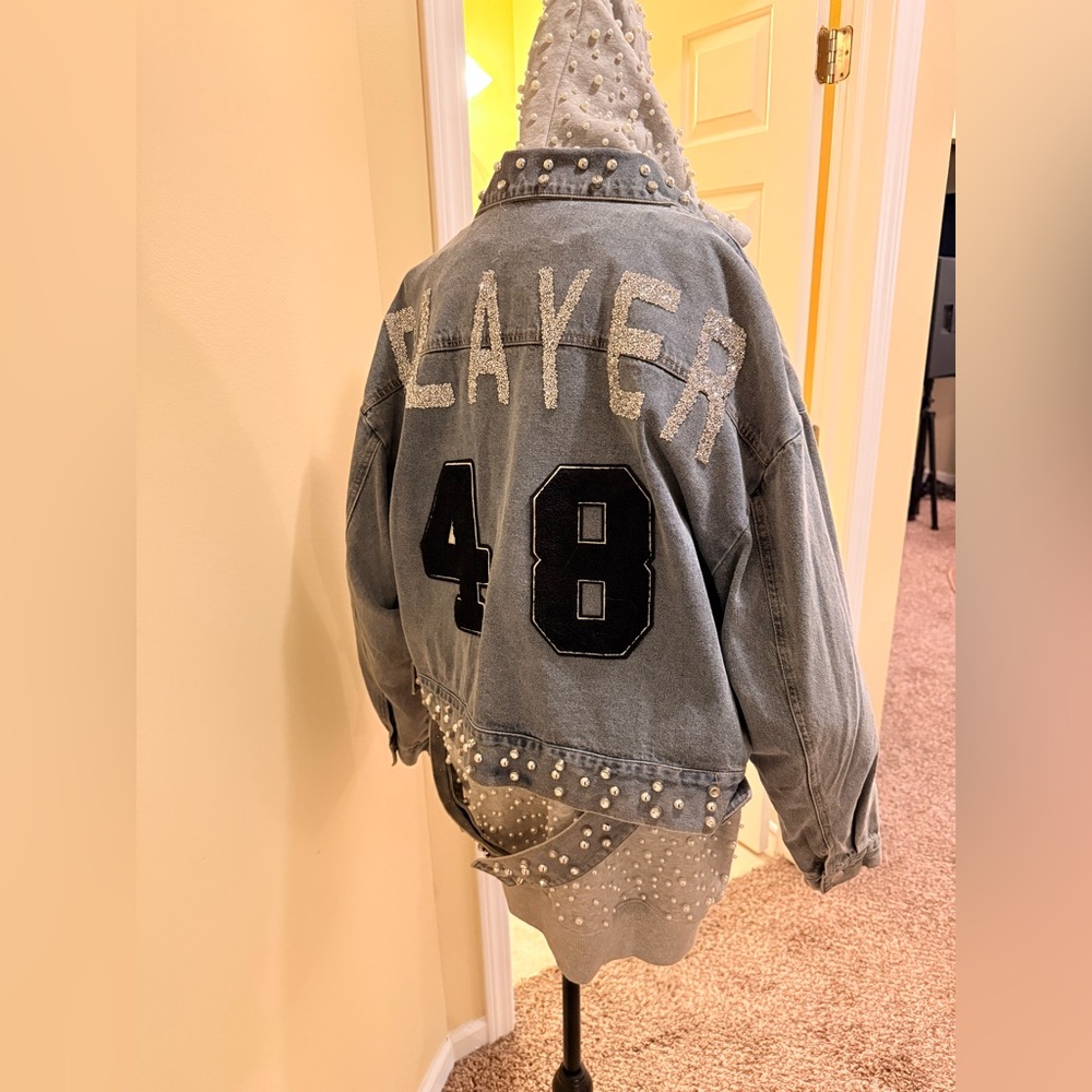 Azalea Wang Studded "Player" Applique Rhinestone Denim Jacket